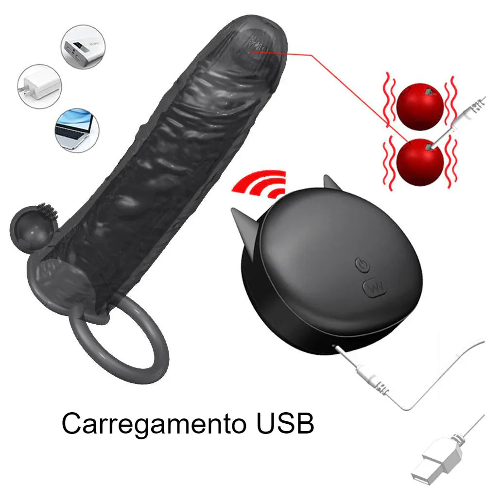 Capa Peniana Camisinha Reutilizável Com Dois Vibradores Extensora Pênis Ereção Controle Remoto