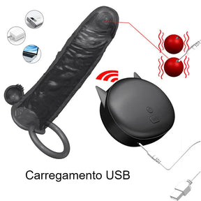 Capa Peniana Camisinha Reutilizável Com Dois Vibradores Extensora Pênis Ereção Controle Remoto